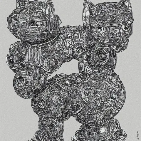 Robot Cat Highly Detailed Colored Pencil Illustration Silk Screen T Shirt Design