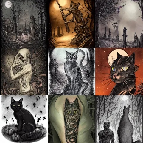Tattoo on Shoulder Black Cat in Graveyard at Midnight Halloween