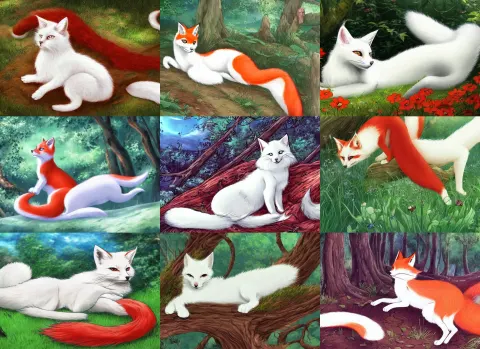 White Cat with Red Tail Like Fox Laying at Sunny Forest