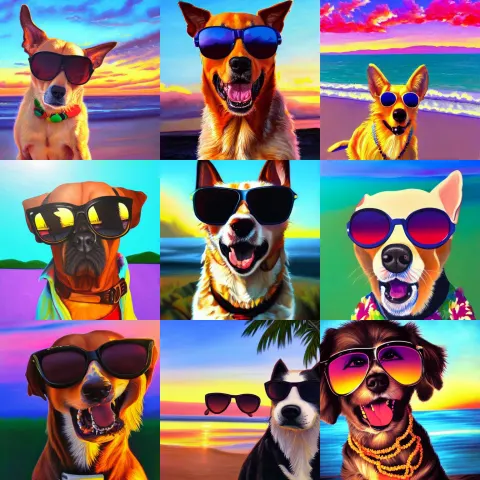 Portrait Painting of a Happy Dog Wearing Sunglasses and a Hawaiian Shirt in the Sunset