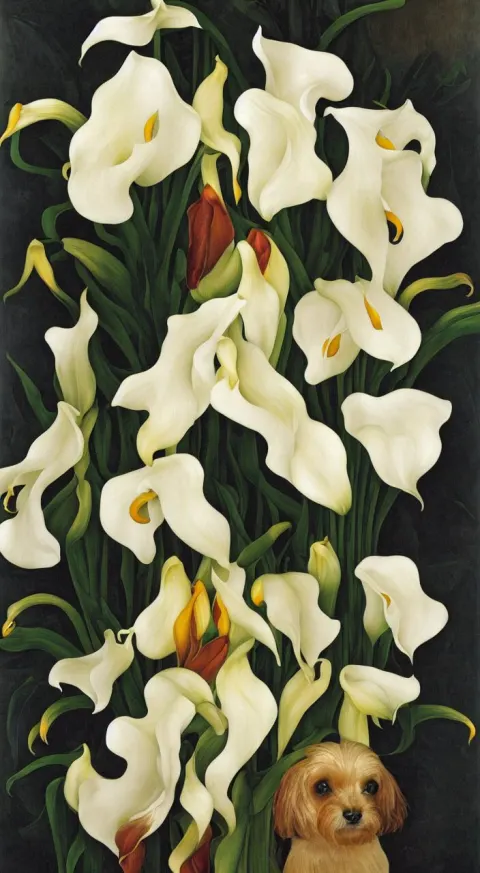 Portrait of a Cream Colored Havanese Dog with a Bouquet of Calla Lillies