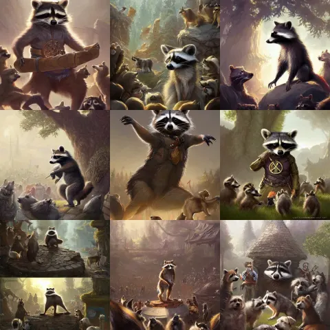 Raccoon Talking to a Crowd of Dogs About Peace