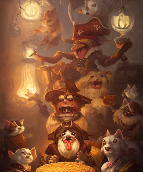 Portrait of an Anthropomorphic Pirate Dog Eating Hamburgers