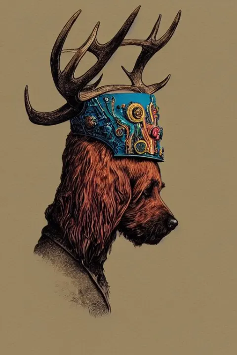 Vibrant! Sideview Waist Up Portrait of Dog Wearing Big Antler Headdress and Armor