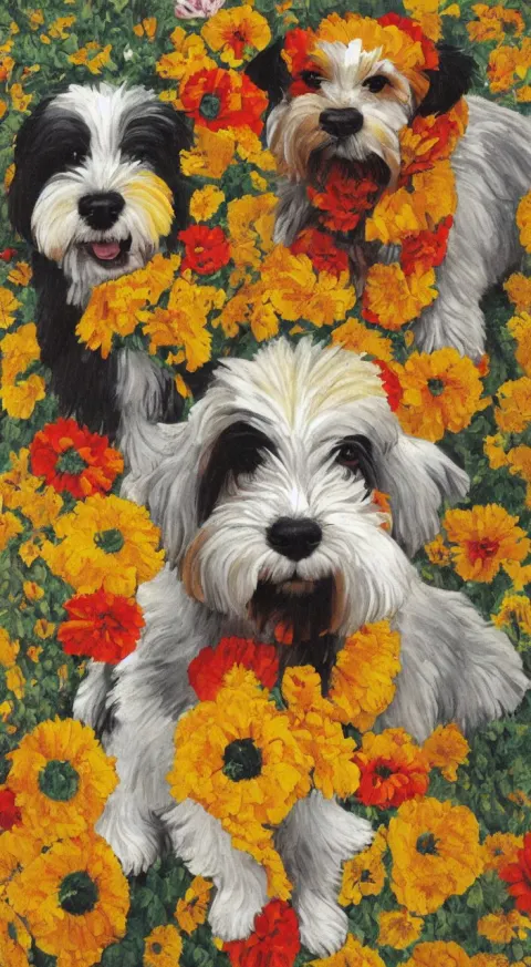 Portrait of a Cream Colored Havanese Dog Dressed as an Aztec