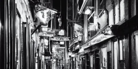 Dreary Alley Nightlife Rain Neon Signs Crowded Futuristic Retro Streetlight