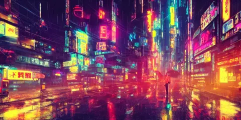 Cyberpunk City Raining at Night