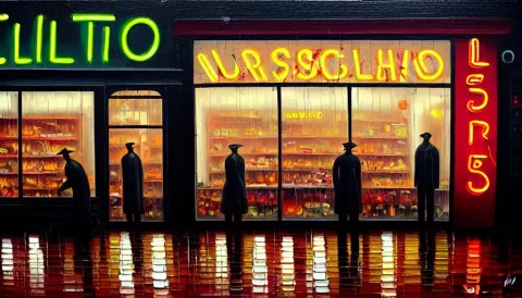 Oil Painting of a Neon Sign Storefront Butcher Shop