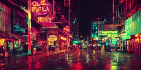 Dreary Alley Nightlife Rain Neon Signs Crowded Futuristic Retro Streetlight Kodachrome