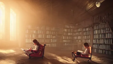 Young Girl Reading a Book on an Old Chair in a Dusty Attic