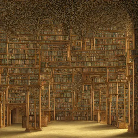 Grand Library Library Shelves with Overgrown Ivy Plants