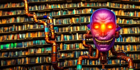 Frightening and Beautiful Evil Cyborg Head with Pipes and Tubes in a Library Surrounded