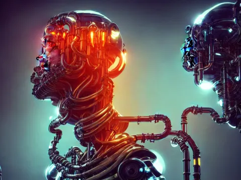 Frightening and Beautiful Cyborg Head with Pipes and Tubes in a Library Surrounded