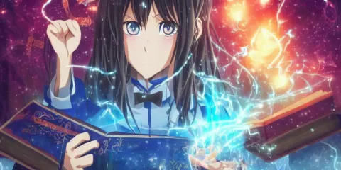 Anime Key Visual of a Magician Girl in a Magic Library Using a Water Spell from a Book