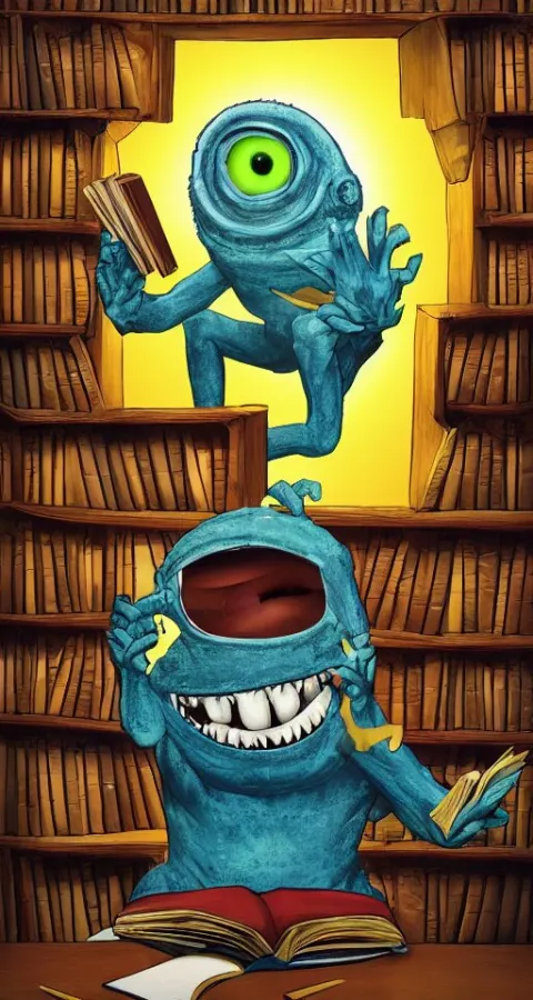 Inquisitive One Eye'd Cyclops Monster in a Library