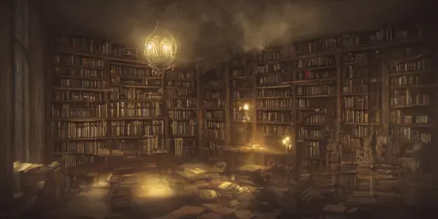 Hauntingly Beautiful Library in a Haunted Mansion with Stacked Books All Around