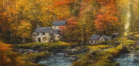 Painting of Sparse Stone Cottages Underneath a Dense Tall Forest