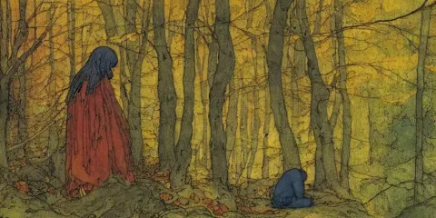 Young Man Overcome with Grief in an Autumn Forest
