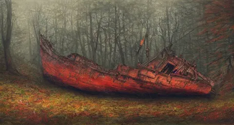 Old Shipwreck in an Autumn Forest