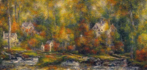 Painting of Sparse Stone Cottages Underneath a Dense Forest