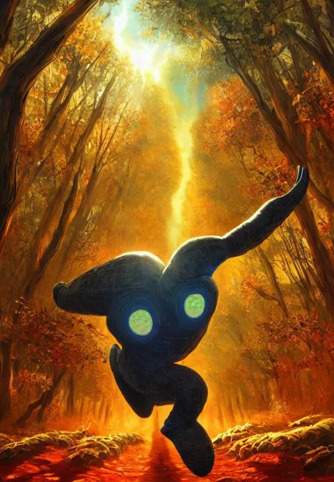 Cyber Golem Jumping over Mushroom Forest