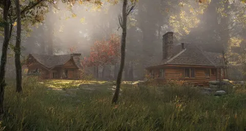Cottage in the Woods Windy Autumn Day