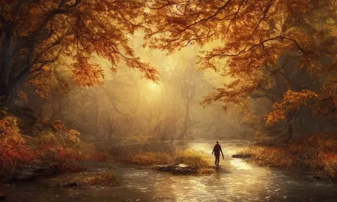 Adventurer Walking Along the River Bank in a Forest During the Golden Hour in Autumn
