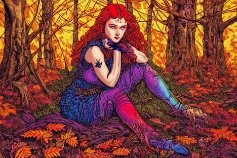 Angelic Female Warrior Sitting in an Autumn Forest