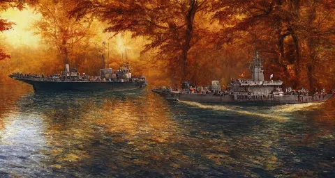 British War Ship in River in a Kerala Forest During the Golden Hour in Autumn