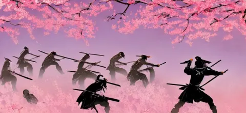 Battalion of Samurai Battle in a Cherry Blossom Forest
