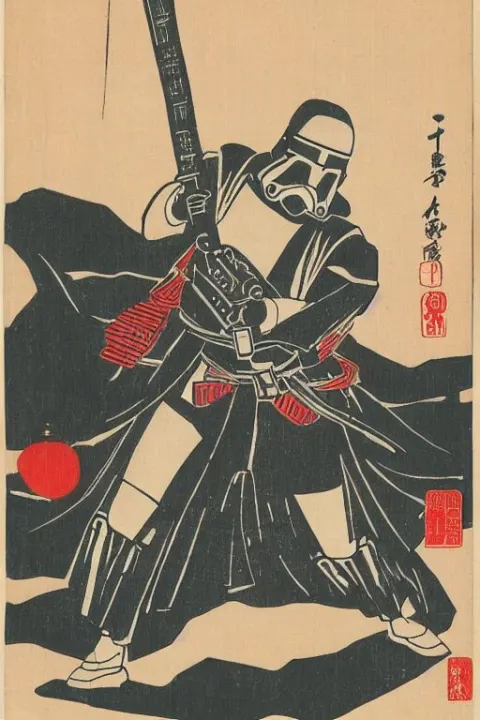Japanese Woodblock Print of a Star Wars Stormtrooper Holding Nunchucks
