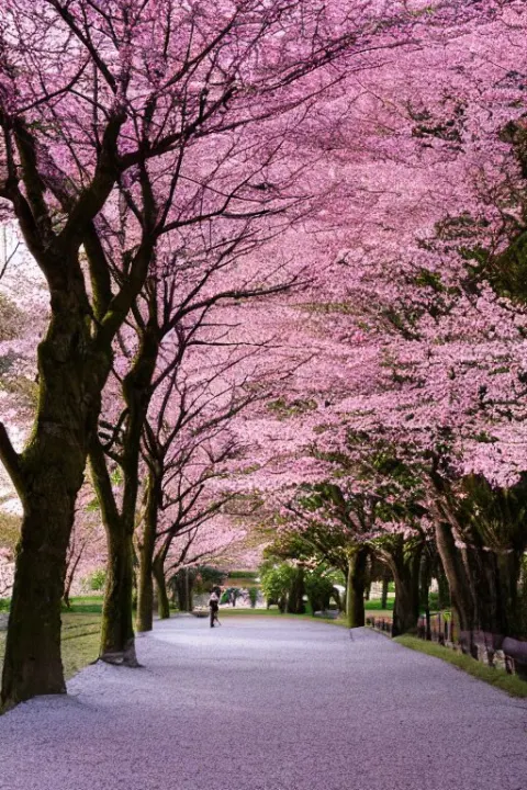 A Park Path Lined with Beautiful Cherry Blossom Trees