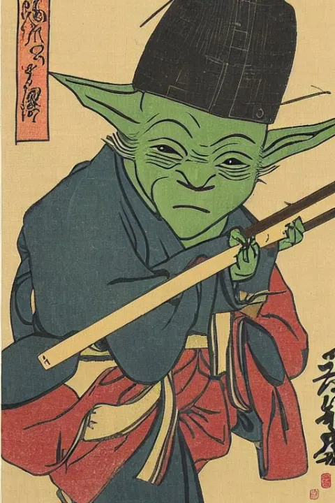 Japanese Woodblock Print of Yoda Holding a Samurai Sword