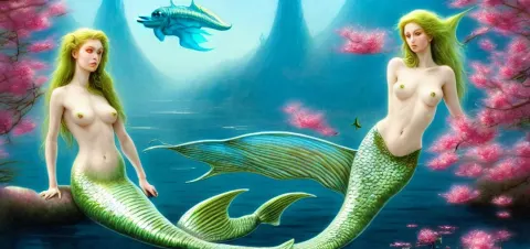 A Beautiful Mermaid and Alien Fish in the Style of Roger Dean