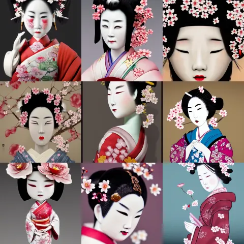 Crying Geisha Made from Intricately Detailed Porcelain and Surrounded