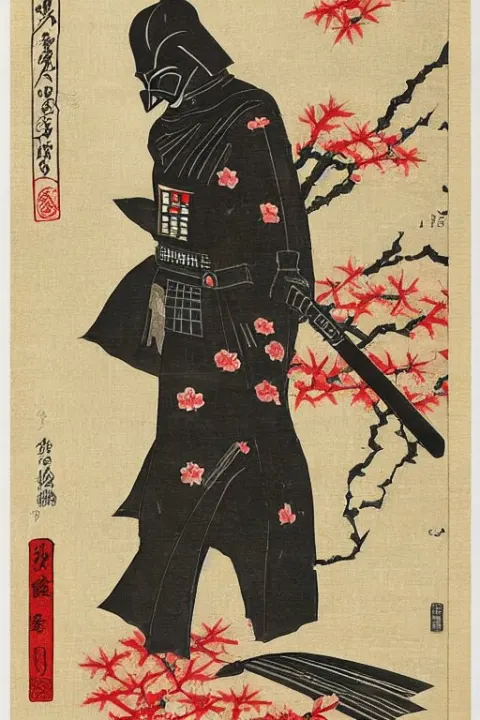 Japanese Woodblock Print of Darth Vader Holding a Samurai Sword