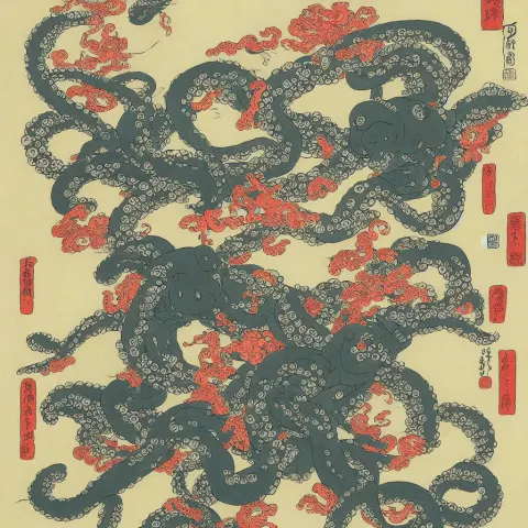 Robot Fighting Octopus in Front of Mt Fuji