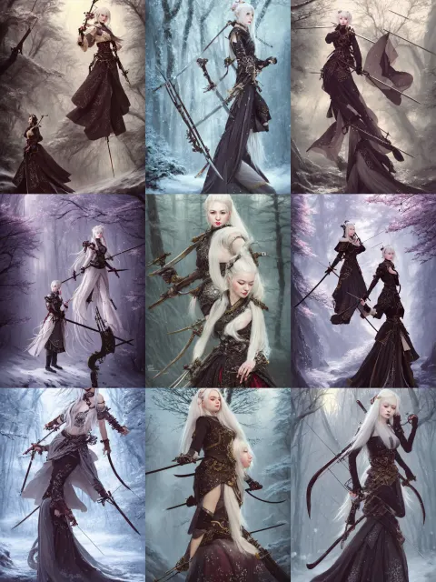 Full Body Portrait of a Stunningly Beautiful Female White Hair Hime Cut