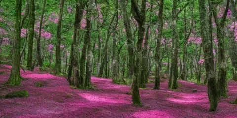 Fantastical Deep Pink Cherry Blossom Tree Forest with Jellyfish Grass