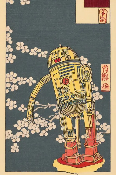 Japanese Woodblock Print of C3PO and R2d2