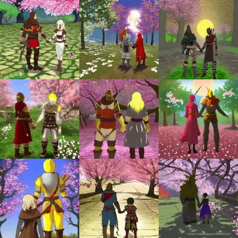 Solaire of Astora and Zamorak Holding Hands under a Cherry Blossom Tree