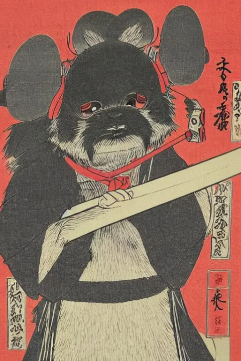 Japanese Woodblock Print of Wicket the Ewok Holding a Samurai Sword