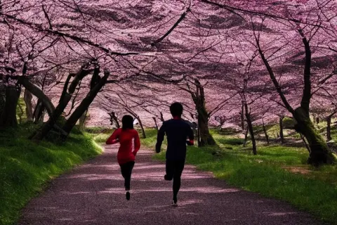 Vfx Movie Scene Closeup Japanese Couple Running Through Cherry Blossom Forest