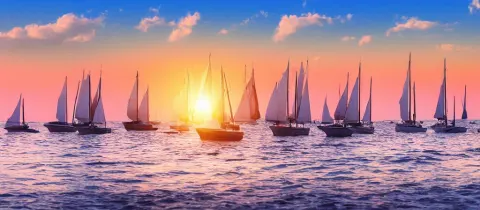 Armada of Sailing Boats on Ocean in Sunset Seen from a Beach of Tropical Island