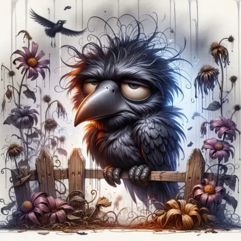 Disgruntled Raven on Fence: Whimsical Caricature