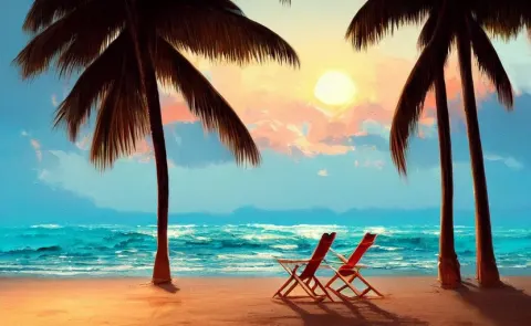 A Beach Chair at Sunset with Tropical Palm Trees