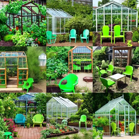 Garden with Two Green Chairs and a Greenhouse with Tomato Plants Inside It