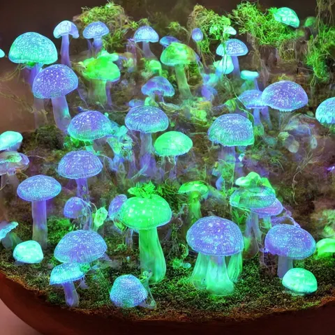 Terrarium of Bioluminescent Mushrooms Like Jellyfish with Veins