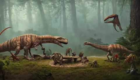 Closed Terrarium of Jurassic Animals on a Wooden Table