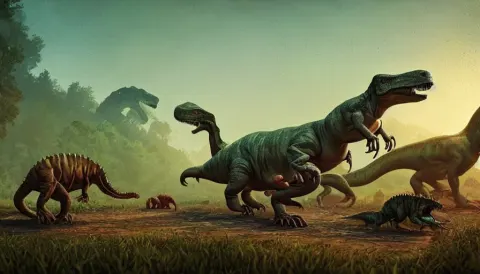 Closed Terrarium of Jurassic Animals Attacking Each Other on a Wooden Table
